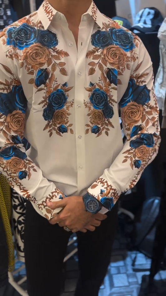 Light luxury hand-embroidered rhinestone rose shirt