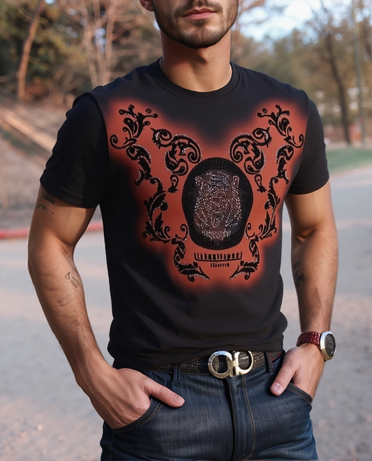 Men's high-end rhinestone tiger head short-sleeved T-shirt