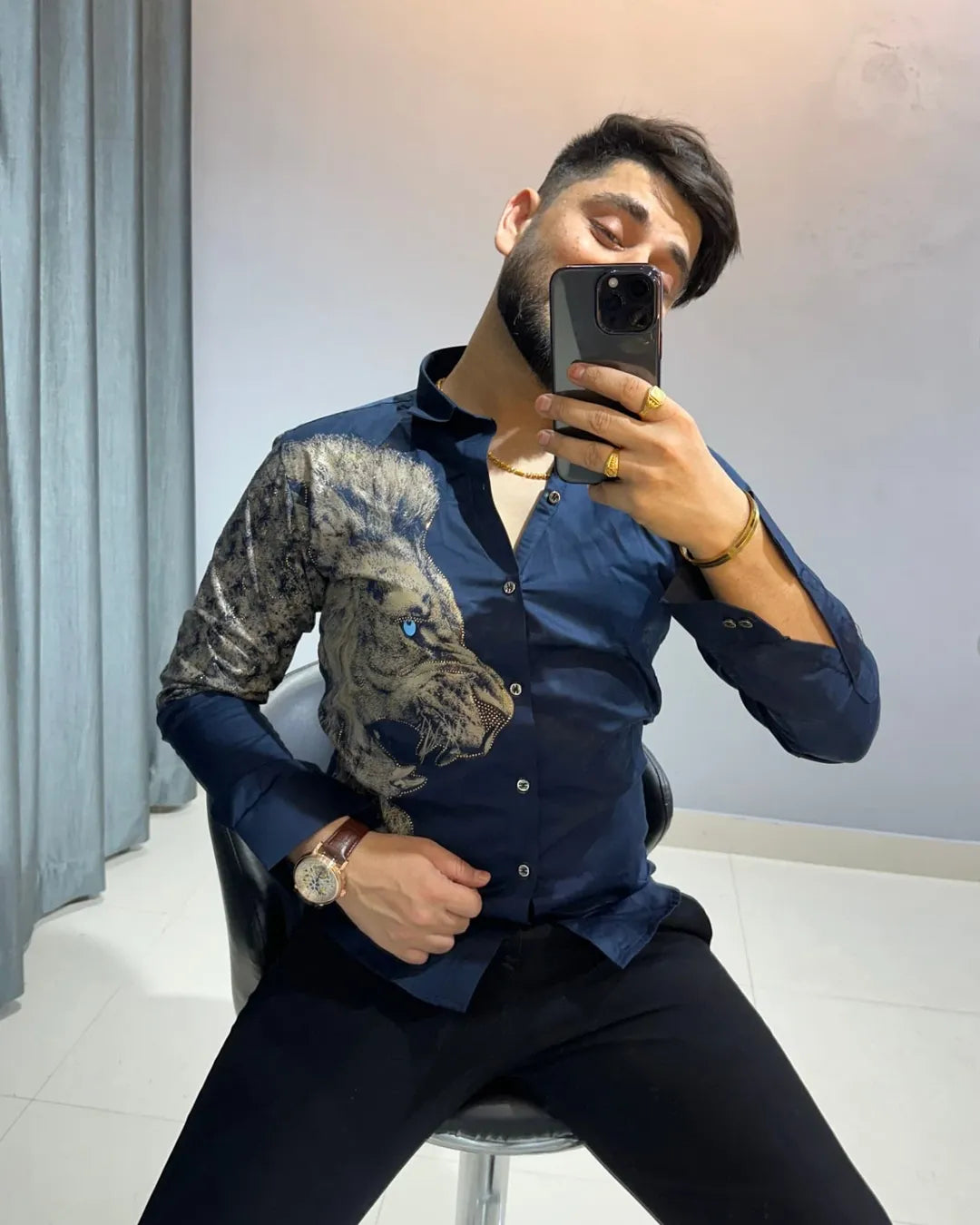 Light luxury rhinestone domineering lion shirt